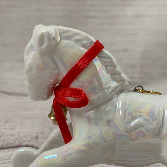 White Iridescent Rocking Horse Ornament with Red Bow and Bell 3 1/4" Tall - Picture 13 of 16
